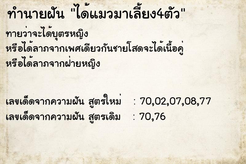 ทำนายฝันทำนายฝันได้แมวมาเลี้ยง4ตัว