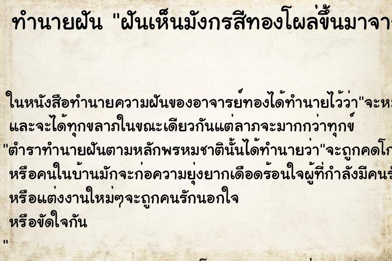 ทำนายฝันฝันเห็นมังกรสีทองโผล่ขึ้นมาจากน้ำ ทำนายฝันทำนายฝันฝันเห็นมังกรสีทองโผล่ขึ้นมาจากน้ำ