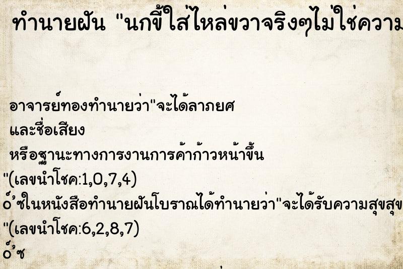 ทำนายฝัน นกขี้ใส่ไหล่ขวาจริงๆไม่ใช่ความฝัน