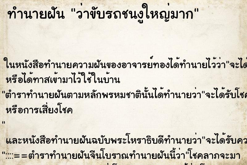 ทำนายฝัน ว่าขับรถชนงูใหญ่มาก ทำนายฝัน ว่าขับรถชนงูใหญ่มาก