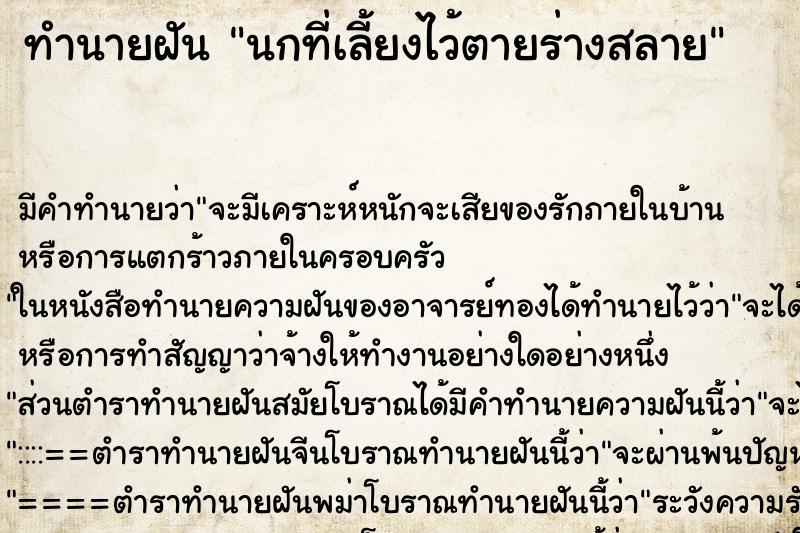 ทำนายฝันนกที่เลี้ยงไว้ตายร่างสลาย ทำนายฝันทำนายฝันนกที่เลี้ยงไว้ตายร่างสลาย