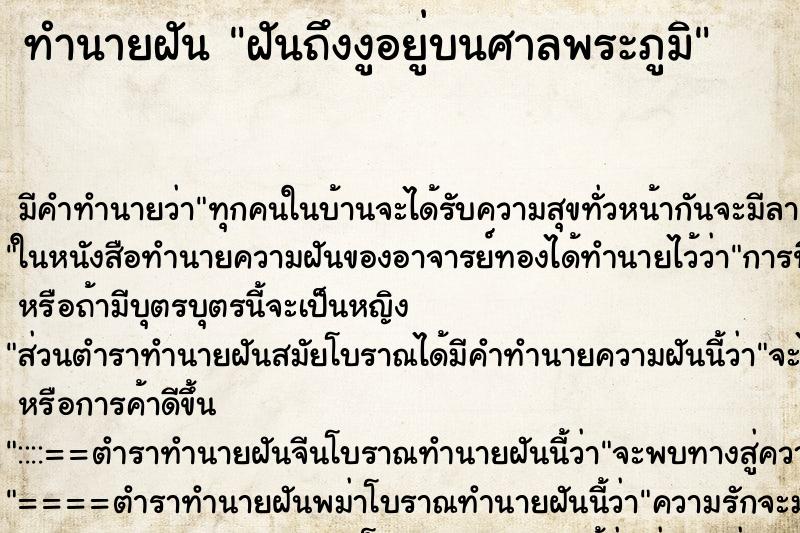ทำนายฝันฝันถึงงูอยู่บนศาลพระภูมิ ทำนายฝันทำนายฝันฝันถึงงูอยู่บนศาลพระภูมิ