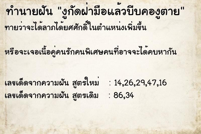 ทำนายฝันงูกัดฝ่ามือแล้วบีบคองูตาย ทำนายฝันทำนายฝันงูกัดฝ่ามือแล้วบีบคองูตาย