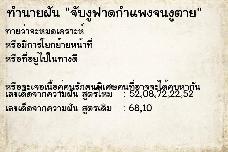 ทำนายฝันจับงูฟาดกำแพงจนงูตาย ทำนายฝันทำนายฝันจับงูฟาดกำแพงจนงูตาย