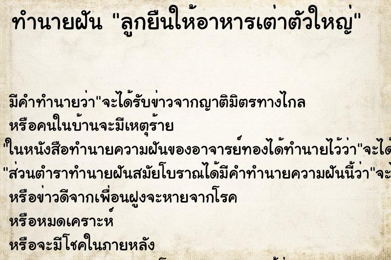 ทำนายฝัน ลูกยืนให้อาหารเต่าตัวใหญ่ ทำนายฝัน ลูกยืนให้อาหารเต่าตัวใหญ่