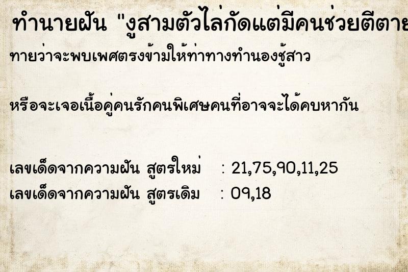 ทำนายฝันงูสามตัวไล่กัดแต่มีคนช่วยตีตาย ทำนายฝันทำนายฝันงูสามตัวไล่กัดแต่มีคนช่วยตีตาย