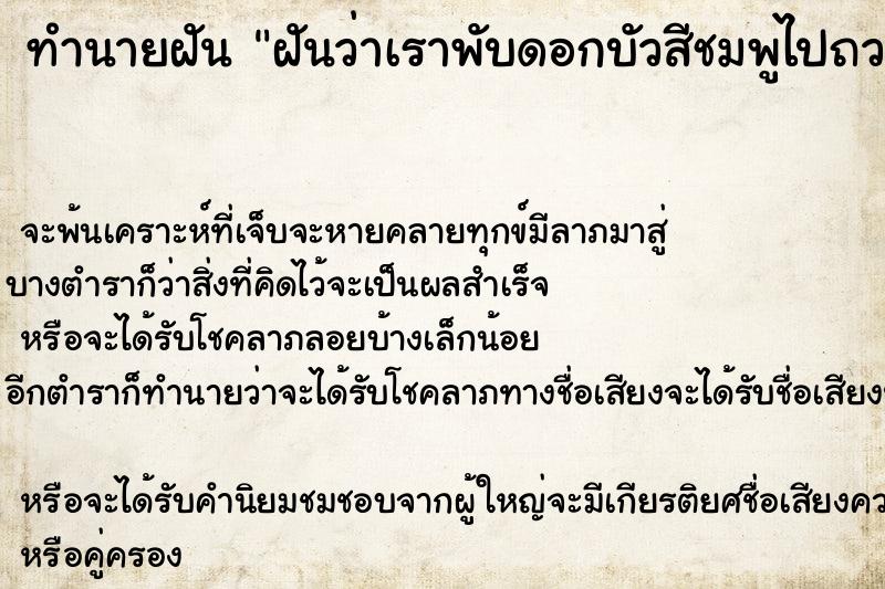 ทำนายฝันฝันว่าเราพับดอกบัวสีชมพูไปถวายพระที่วัด ทำนายฝันทำนายฝันฝันว่าเราพับดอกบัวสีชมพูไปถวายพระที่วัด