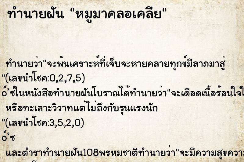 ทำนายฝันทำนายฝันหมูมาคลอเคลีย
