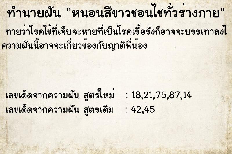 ทำนายฝันหนอนสีขาวชอนไชทั่วร่างกาย ทำนายฝันทำนายฝันหนอนสีขาวชอนไชทั่วร่างกาย