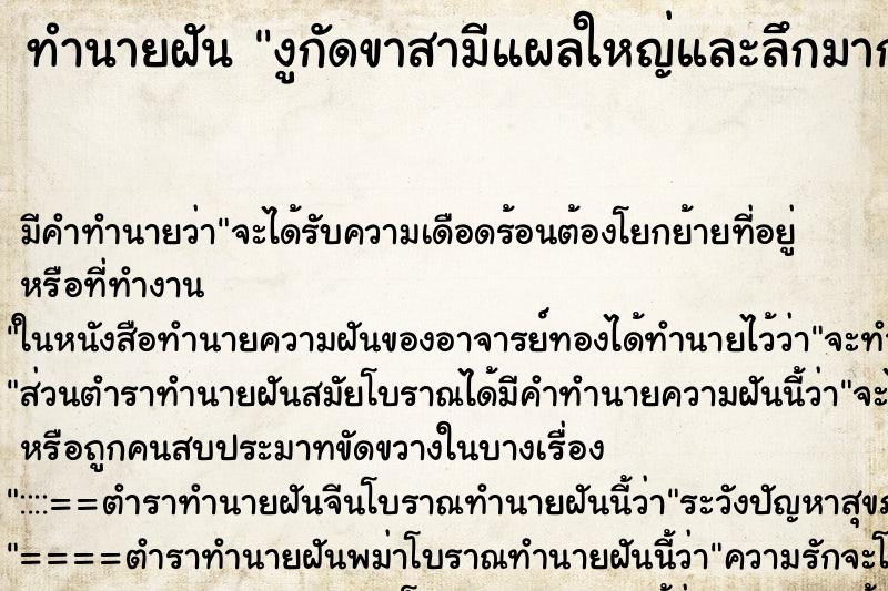 ทำนายฝันงูกัดขาสามีแผลใหญ่และลึกมาก ทำนายฝันทำนายฝันงูกัดขาสามีแผลใหญ่และลึกมาก