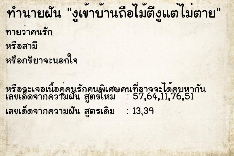 ทำนายฝันงูเข้าบ้านถือไม้ตีงูแต่ไม่ตาย ทำนายฝันทำนายฝันงูเข้าบ้านถือไม้ตีงูแต่ไม่ตาย