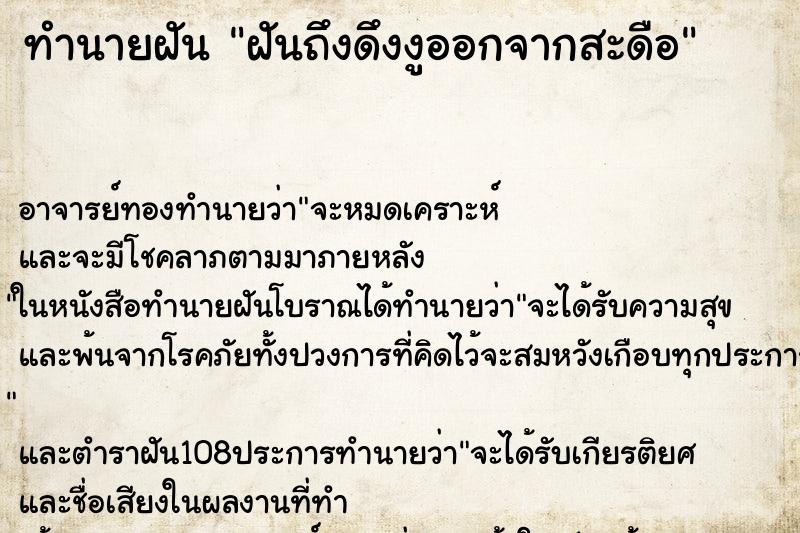 ทำนายฝันฝันถึงดึงงูออกจากสะดือ ทำนายฝันทำนายฝันฝันถึงดึงงูออกจากสะดือ