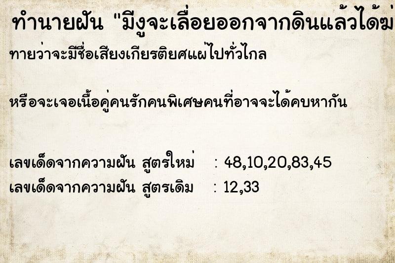 ทำนายฝันทำนายฝันมีงูจะเลื่อยออกจากดินแล้วได้ฆ่างูตาย