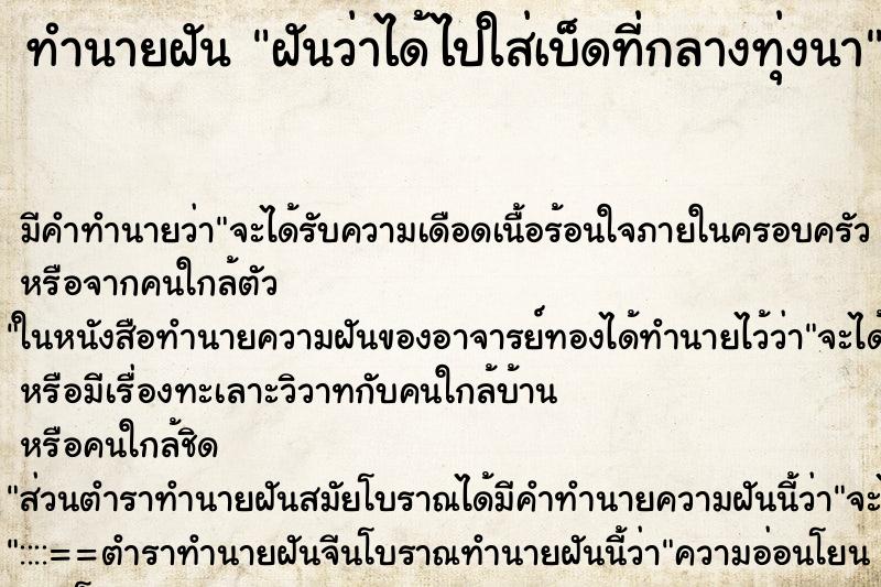 ทำนายฝัน ฝันว่าได้ไปใส่เบ็ดที่กลางทุ่งนา ทำนายฝัน ฝันว่าได้ไปใส่เบ็ดที่กลางทุ่งนา