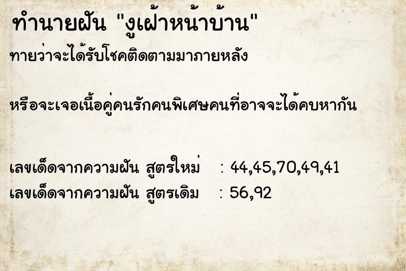 ทำนายฝันงูเฝ้าหน้าบ้าน ทำนายฝันทำนายฝันงูเฝ้าหน้าบ้าน