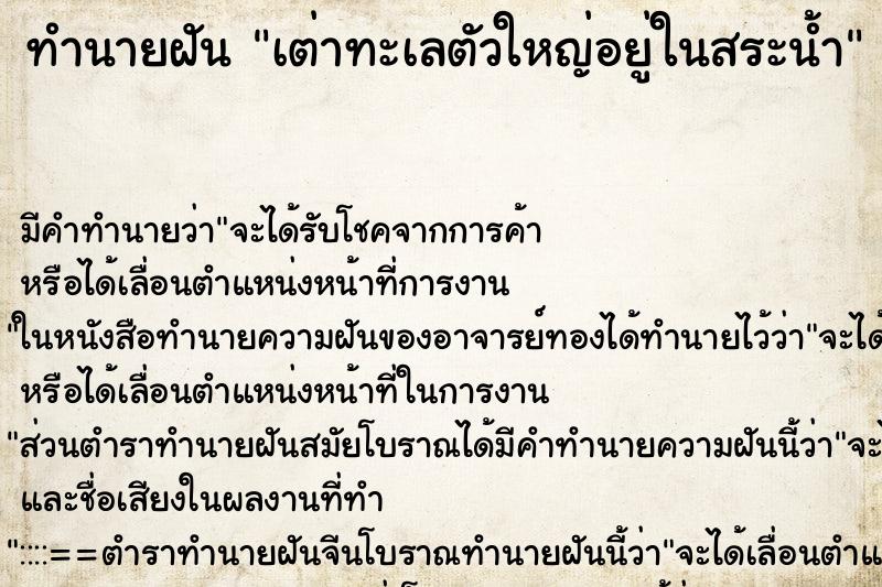 ทำนายฝัน เต่าทะเลตัวใหญ่อยู่ในสระน้ำ ทำนายฝัน เต่าทะเลตัวใหญ่อยู่ในสระน้ำ