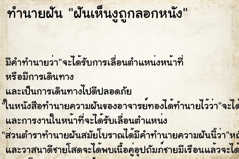 ทำนายฝันฝันเห็นงูถูกลอกหนัง ทำนายฝันทำนายฝันฝันเห็นงูถูกลอกหนัง