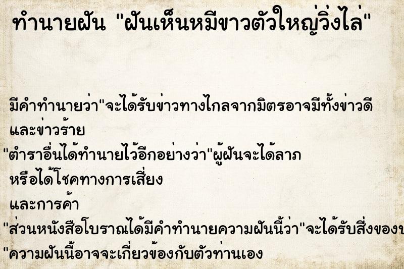 ทำนายฝันฝันเห็นหมีขาวตัวใหญ่วิ่งไล่ ทำนายฝันทำนายฝันฝันเห็นหมีขาวตัวใหญ่วิ่งไล่