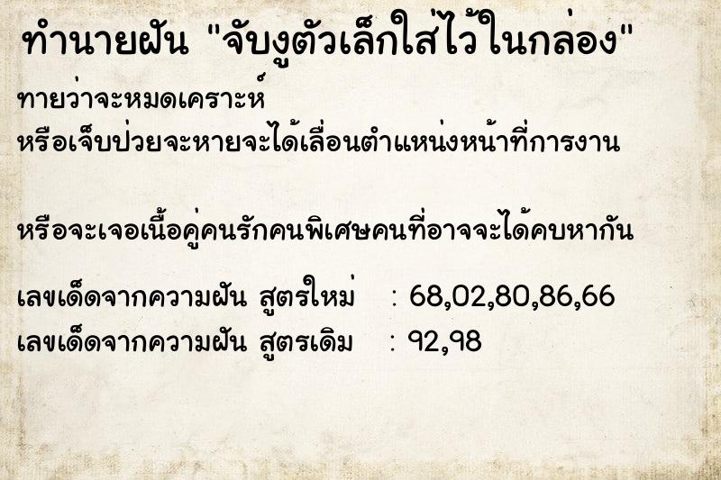 ทำนายฝัน จับงูตัวเล็กใส่ไว้ในกล่อง