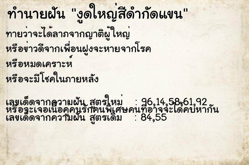 ทำนายฝันงูดใหญ่สีดำกัดแขน ทำนายฝันทำนายฝันงูดใหญ่สีดำกัดแขน