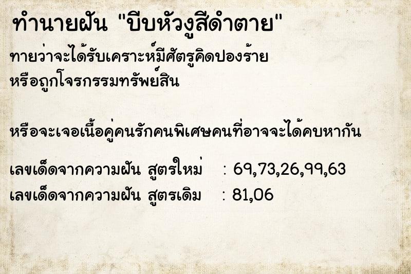 ทำนายฝันบีบหัวงูสีดำตาย ทำนายฝันทำนายฝันบีบหัวงูสีดำตาย