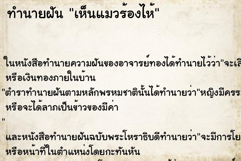 ทำนายฝันเห็นแมวร้องไห้ ทำนายฝันทำนายฝันเห็นแมวร้องไห้