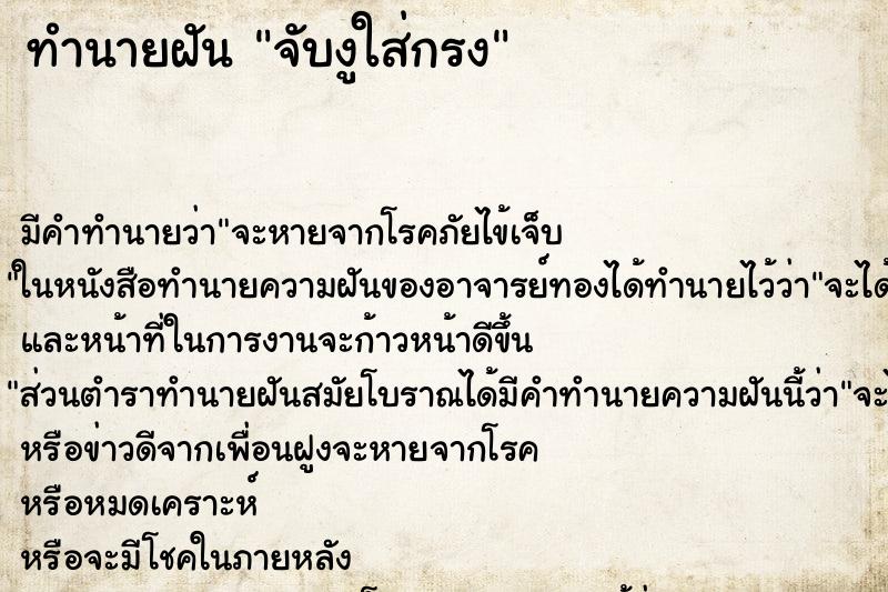 ทำนายฝัน จับงูใส่กรงแม่นๆ ฟรี ด้วยตำราหนังสือทำนายฝันโบราณ ทำนายฝันจับงูใส่กรง