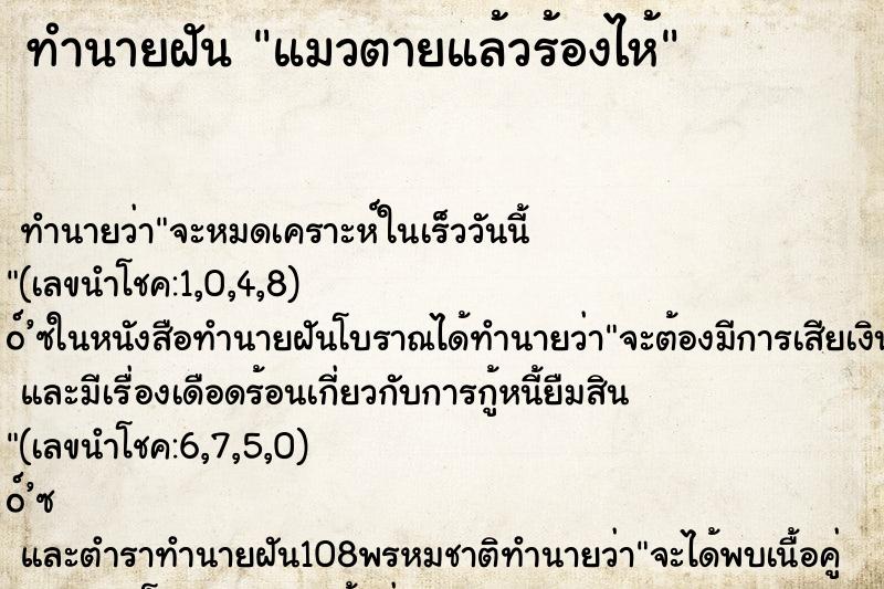 ทำนายฝัน แมวตายแล้วร้องไห้ ตำราโบราณ แม่นที่สุดในโลก