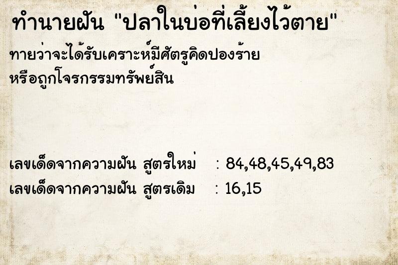 ทำนายฝันทำนายฝันปลาในบ่อที่เลี้ยงไว้ตาย
