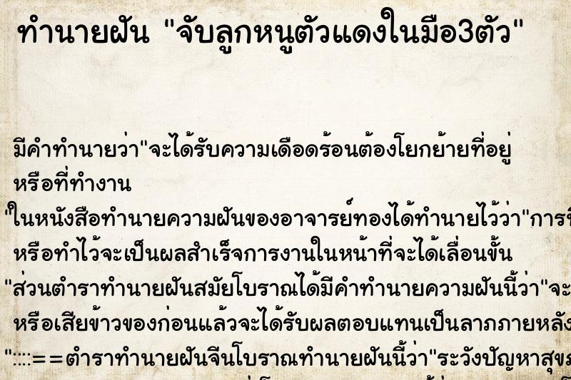 ทำนายฝัน จับลูกหนูตัวแดงในมือ3ตัว ทำนายฝัน จับลูกหนูตัวแดงในมือ3ตัว