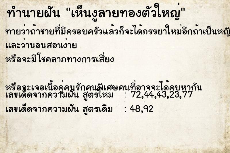 ทำนายฝันเห็นงูลายทองตัวใหญ่ ทำนายฝันทำนายฝันเห็นงูลายทองตัวใหญ่