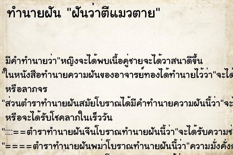 ทำนายฝัน ฝันว่าตีแมวตาย ทำนายฝัน ฝันว่าตีแมวตาย