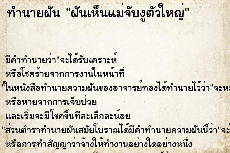 ทำนายฝัน ฝันเห็นแม่จับงูตัวใหญ่ ตำราโบราณ แม่นที่สุดในโลก