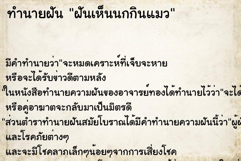 ทำนายฝันฝันเห็นนกกินแมว ทำนายฝันทำนายฝันฝันเห็นนกกินแมว