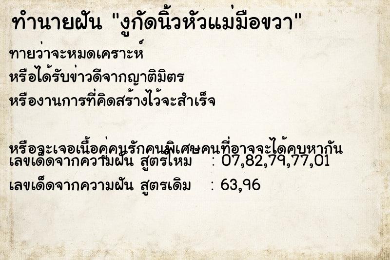 ทำนายฝันงูกัดนิ้วหัวแม่มือขวา ทำนายฝันทำนายฝันงูกัดนิ้วหัวแม่มือขวา