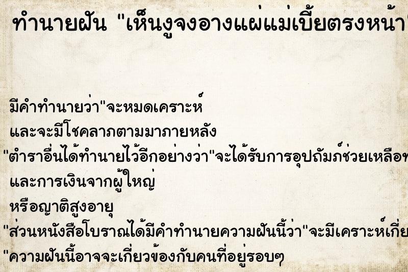 ทำนายฝัน เห็นงูจงอางแผ่แม่เบี้ยตรงหน้า ทำนายฝัน เห็นงูจงอางแผ่แม่เบี้ยตรงหน้า