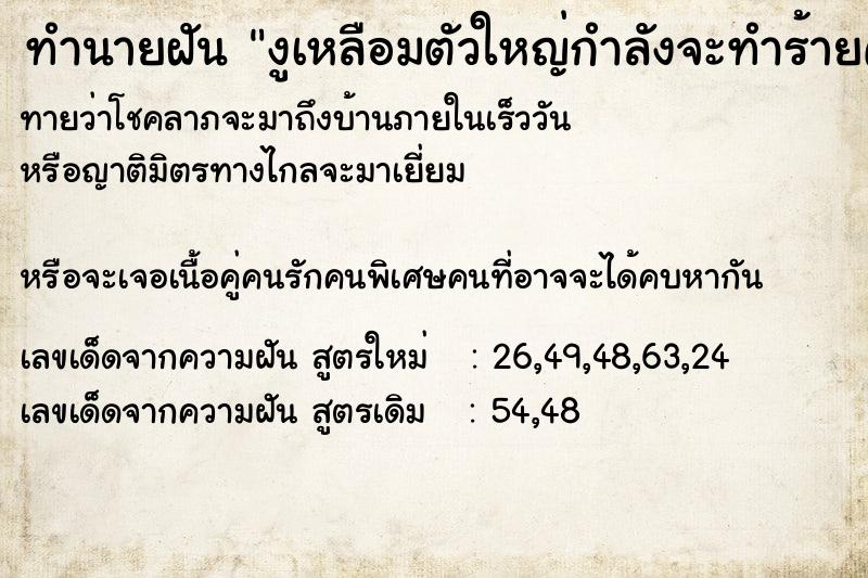 ทำนายฝันงูเหลือมตัวใหญ่กำลังจะทำร้ายคน ทำนายฝันทำนายฝันงูเหลือมตัวใหญ่กำลังจะทำร้ายคน