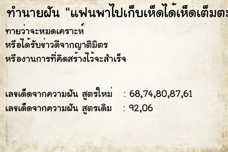 ทำนายฝันแฟนพาไปเก็บเห็ดได้เห็ดเต็มตะกร้า ทำนายฝันทำนายฝันแฟนพาไปเก็บเห็ดได้เห็ดเต็มตะกร้า