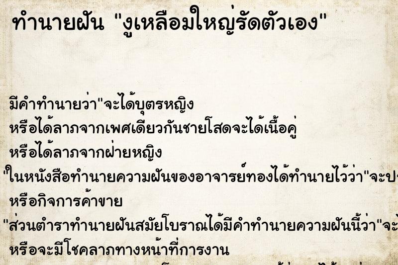 ทำนายฝันงูเหลือมใหญ่รัดตัวเอง ทำนายฝันทำนายฝันงูเหลือมใหญ่รัดตัวเอง