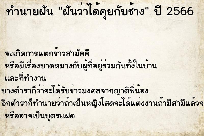 ทำนายฝันฝันว่าได้คุยกับช้าง ทำนายฝันทำนายฝันฝันว่าได้คุยกับช้าง