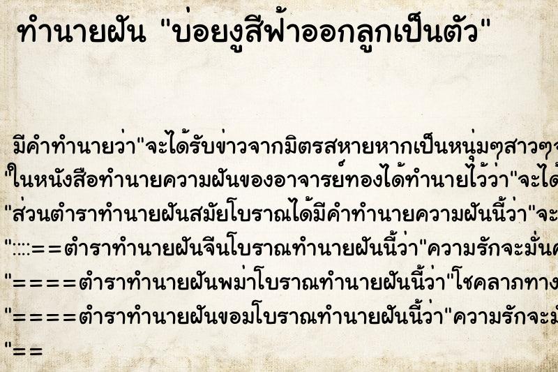 ทำนายฝันทำนายฝันบ่อยงูสีฟ้าออกลูกเป็นตัว