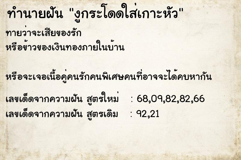 ทำนายฝันงูกระโดดใส่เกาะหัว ทำนายฝันทำนายฝันงูกระโดดใส่เกาะหัว