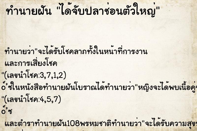 ทำนายฝัน ได้จับปลาช่อนตัวใหญ่ ทำนายฝัน ได้จับปลาช่อนตัวใหญ่