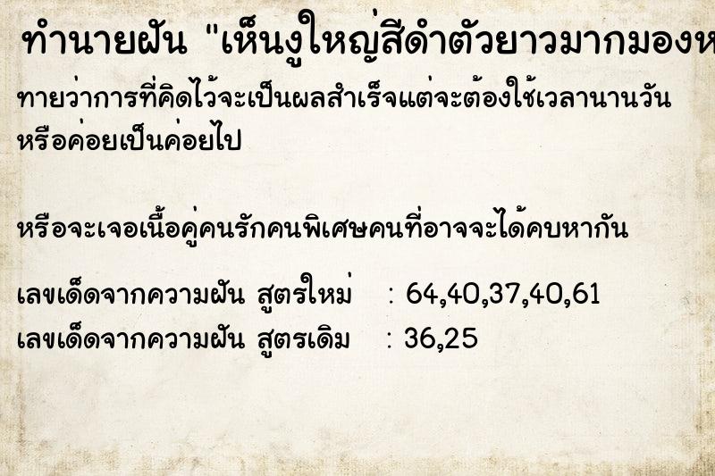 ทำนายฝันทำนายฝันเห็นงูใหญ่สีดำตัวยาวมากมองหน้า