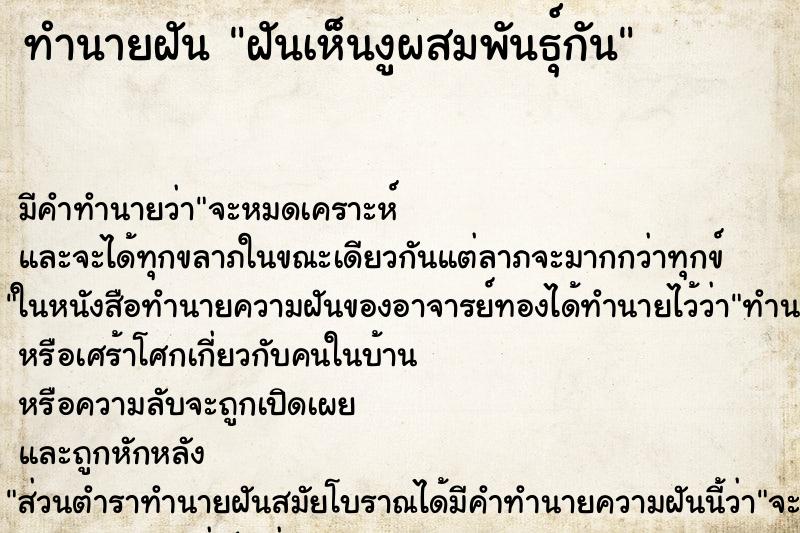 ทำนายฝัน ฝันเห็นงูผสมพันธุ์กัน ทำนายฝัน ฝันเห็นงูผสมพันธุ์กัน