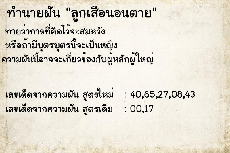ทำนายฝันลูกเสือนอนตาย ทำนายฝันทำนายฝันลูกเสือนอนตาย