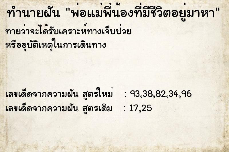 ทำนายฝัน พ่อแม่พี่น้องที่มีชีวิตอยู่มาหา ทำนายฝัน พ่อแม่พี่น้องที่มีชีวิตอยู่มาหา