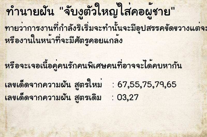 ทำนายฝันจับงูตัวใหญ่ใส่คอผู้ชาย ทำนายฝันทำนายฝันจับงูตัวใหญ่ใส่คอผู้ชาย