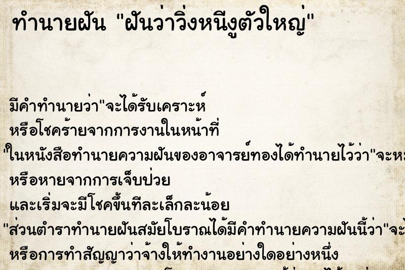 ทำนายฝัน ฝันว่าวิ่งหนีงูตัวใหญ่ ตำราโบราณ แม่นที่สุดในโลก