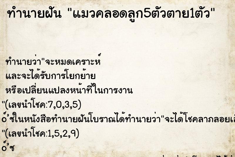 ทำนายฝันทำนายฝันแมวคลอดลูก5ตัวตาย1ตัว